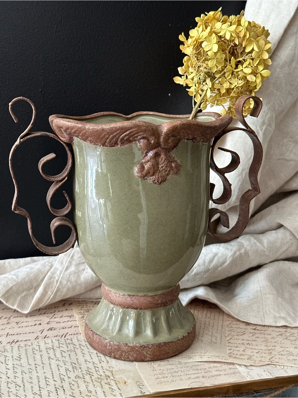 Decorative French Anduze Style Green Ceramic Vase w/ Metal Handles Glossy Finish